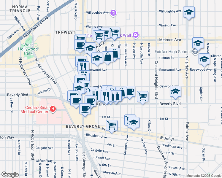 map of restaurants, bars, coffee shops, grocery stores, and more near Kings Road in West Hollywood