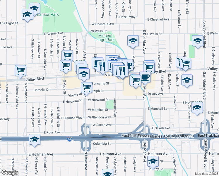 map of restaurants, bars, coffee shops, grocery stores, and more near 301 West Bencamp Street in San Gabriel