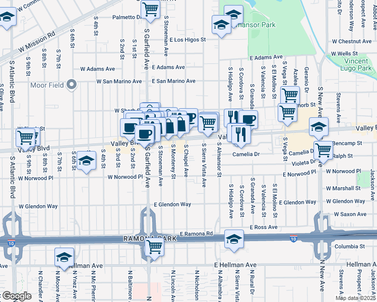 map of restaurants, bars, coffee shops, grocery stores, and more near 388 Valley Boulevard in Alhambra