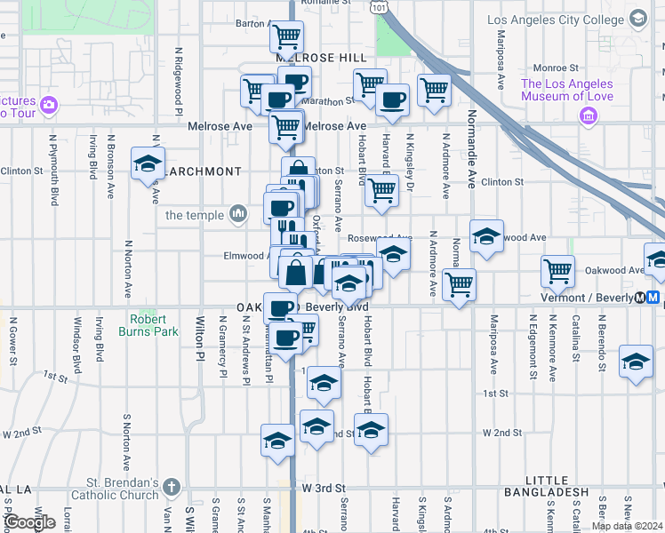map of restaurants, bars, coffee shops, grocery stores, and more near 401 Serrano Avenue in Los Angeles