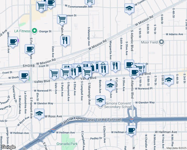 map of restaurants, bars, coffee shops, grocery stores, and more near in Alhambra