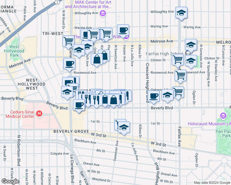 map of restaurants, bars, coffee shops, grocery stores, and more near 363 North Sweetzer Avenue in Los Angeles