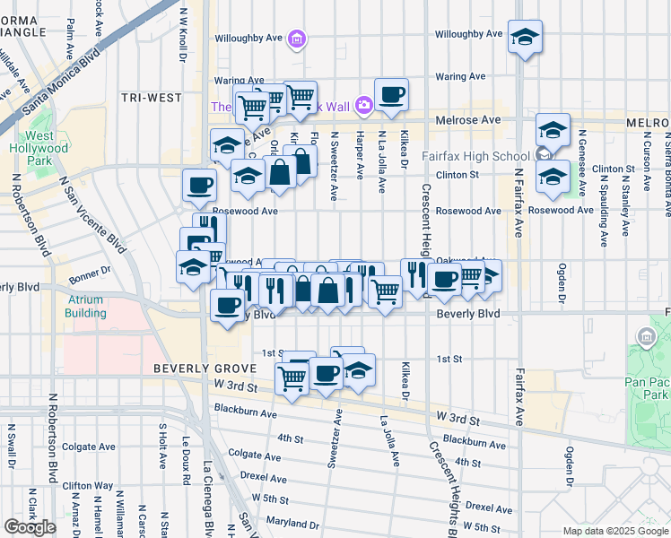 map of restaurants, bars, coffee shops, grocery stores, and more near 363 North Sweetzer Avenue in Los Angeles