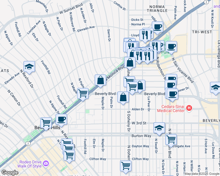 map of restaurants, bars, coffee shops, grocery stores, and more near 433 North Palm Drive in Beverly Hills
