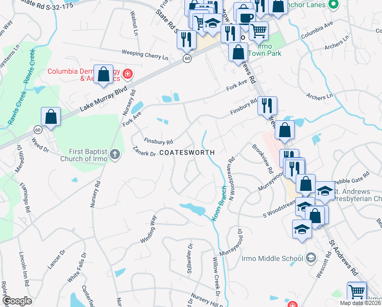 map of restaurants, bars, coffee shops, grocery stores, and more near 206 Basinghouse Road in Columbia