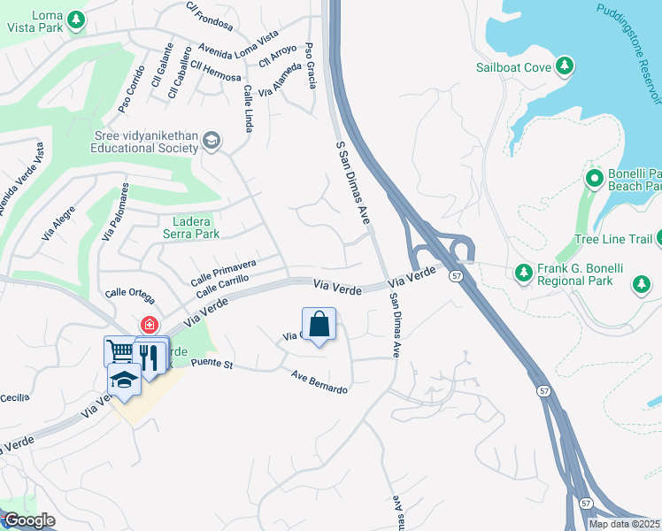 map of restaurants, bars, coffee shops, grocery stores, and more near 617 Calle Santa Barbara in San Dimas