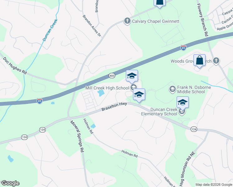 map of restaurants, bars, coffee shops, grocery stores, and more near 2052 Millcrest Drive in Hoschton