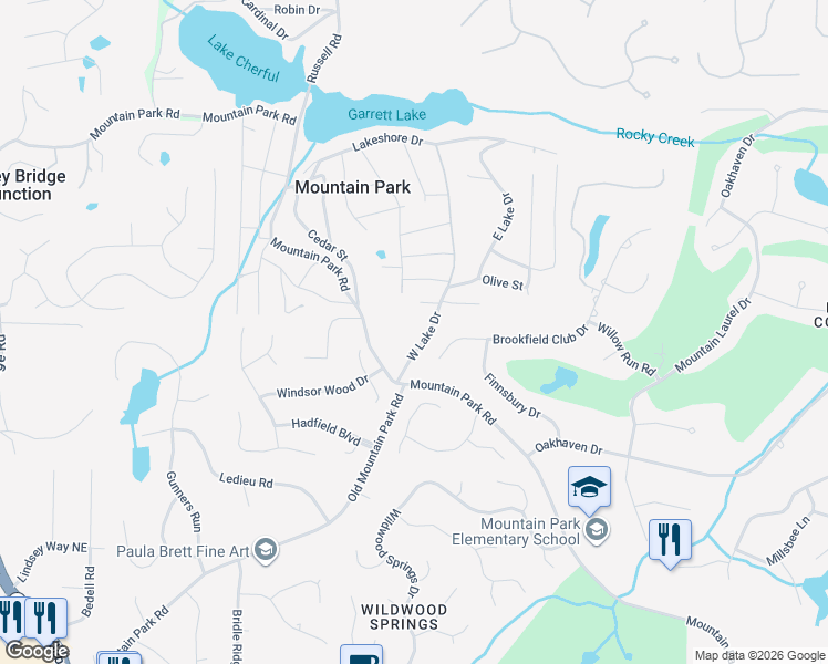 map of restaurants, bars, coffee shops, grocery stores, and more near 175 West Lake Drive in Roswell
