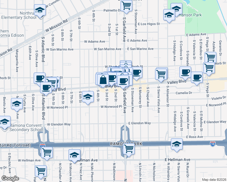 map of restaurants, bars, coffee shops, grocery stores, and more near 1415 South 2nd Street in Alhambra