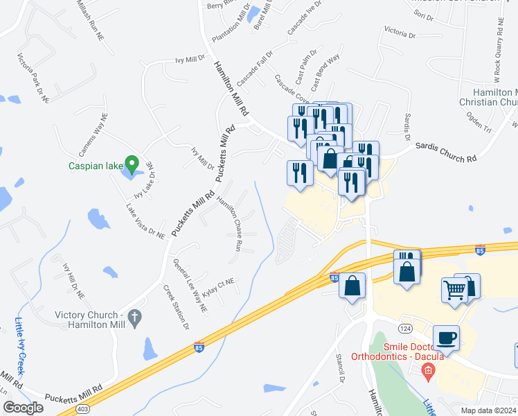map of restaurants, bars, coffee shops, grocery stores, and more near 3355 Mill River Cove in Buford