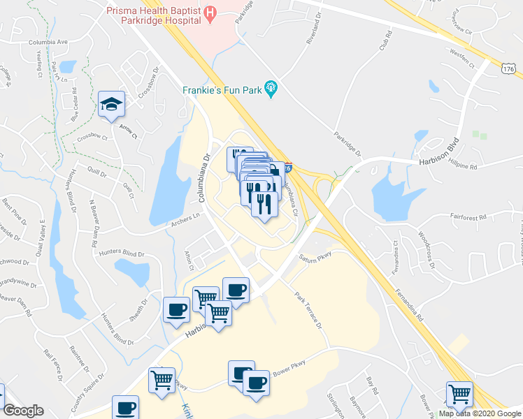 map of restaurants, bars, coffee shops, grocery stores, and more near 100 Columbiana Circle in Columbia