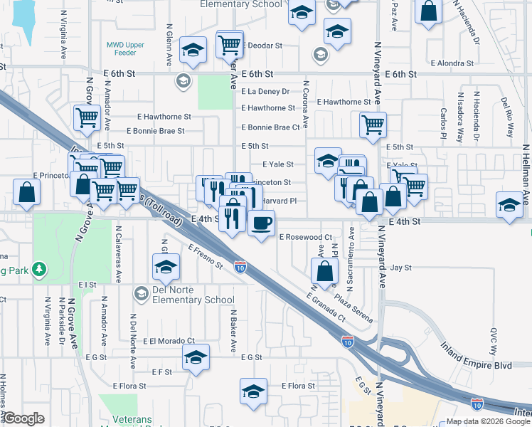 map of restaurants, bars, coffee shops, grocery stores, and more near 1672 East Harvard Place in Ontario