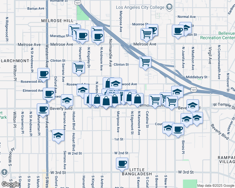 map of restaurants, bars, coffee shops, grocery stores, and more near 4211 Oakwood Avenue in Los Angeles