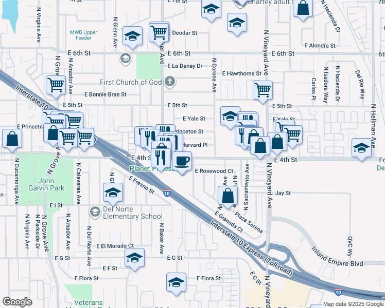 map of restaurants, bars, coffee shops, grocery stores, and more near 1685 East 4th Street in Ontario
