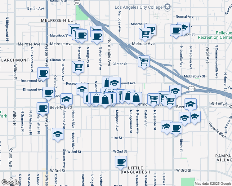map of restaurants, bars, coffee shops, grocery stores, and more near 4211 Oakwood Avenue in Los Angeles