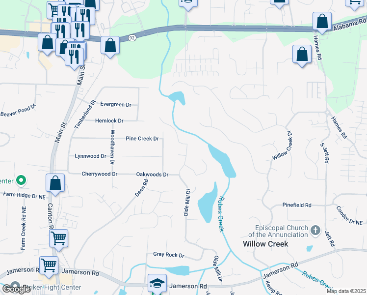 map of restaurants, bars, coffee shops, grocery stores, and more near 5245 Olde Mill Drive Northeast in Woodstock