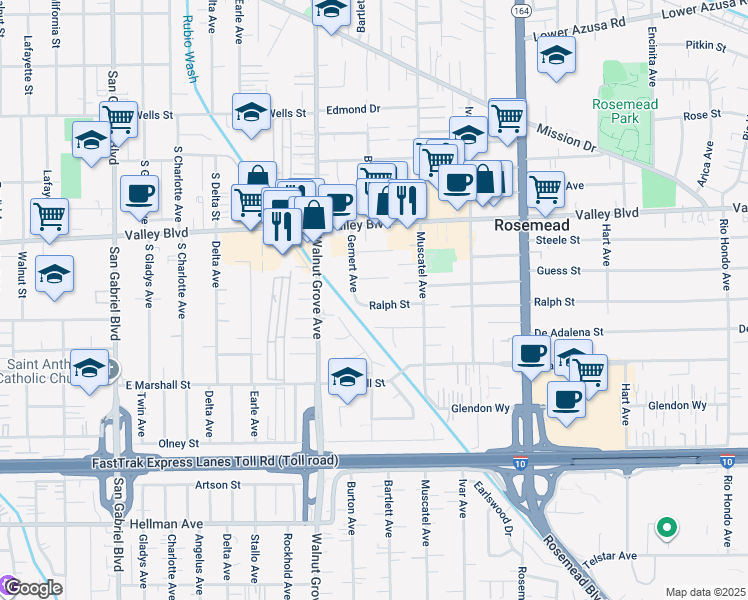 map of restaurants, bars, coffee shops, grocery stores, and more near 8739 Ralph Street in Rosemead
