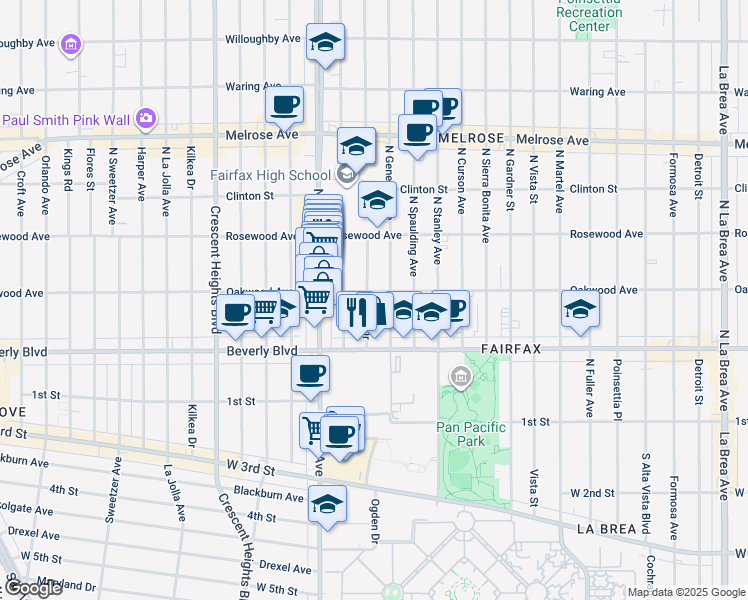 map of restaurants, bars, coffee shops, grocery stores, and more near 358 North Ogden Drive in Los Angeles