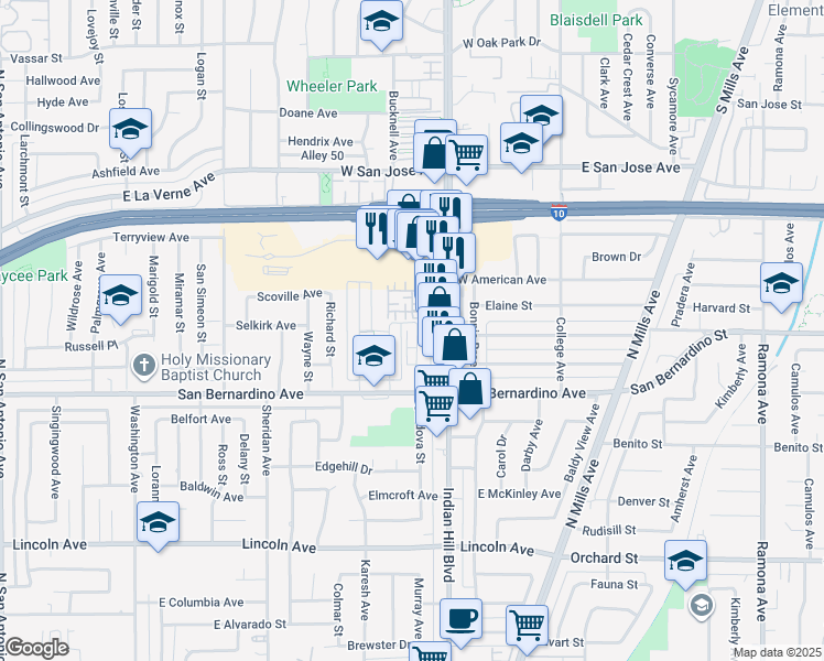 map of restaurants, bars, coffee shops, grocery stores, and more near 1849 Cordova Street in Pomona