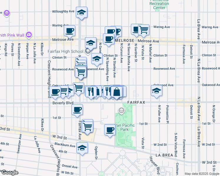 map of restaurants, bars, coffee shops, grocery stores, and more near 360 North Spaulding Avenue in Los Angeles