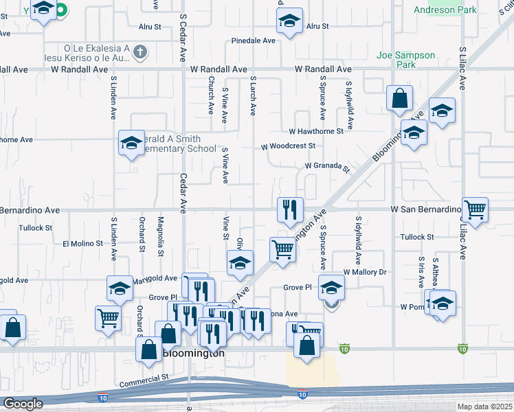 map of restaurants, bars, coffee shops, grocery stores, and more near 9659 Larch Avenue in Bloomington