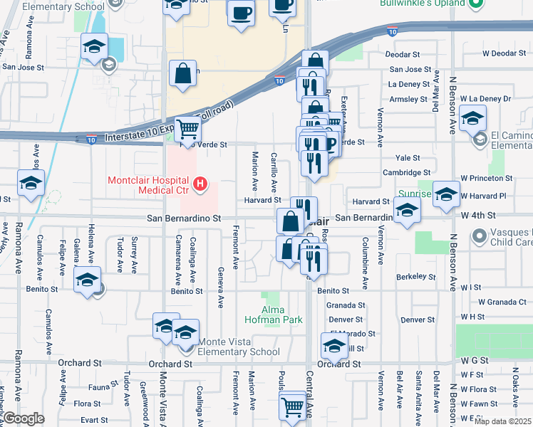map of restaurants, bars, coffee shops, grocery stores, and more near 5215 Harvard Street in Montclair