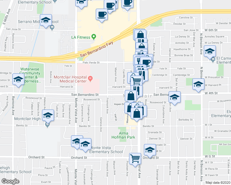 map of restaurants, bars, coffee shops, grocery stores, and more near 5143 Harvard Street in Montclair