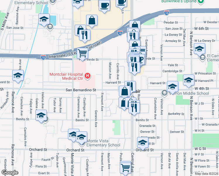 map of restaurants, bars, coffee shops, grocery stores, and more near 5143 Harvard Street in Montclair