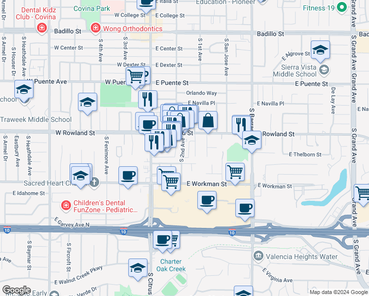 map of restaurants, bars, coffee shops, grocery stores, and more near 256 East Rowland Street in Covina
