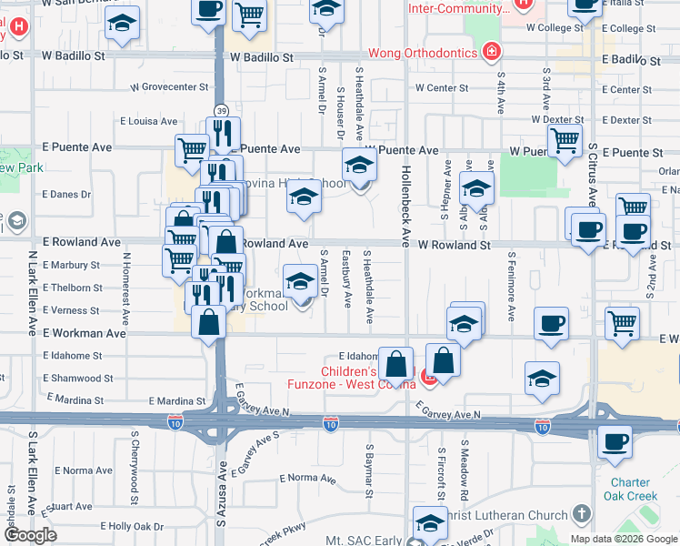map of restaurants, bars, coffee shops, grocery stores, and more near 620 Eastbury Avenue in Covina