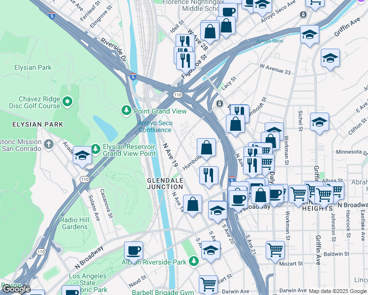 map of restaurants, bars, coffee shops, grocery stores, and more near 405 N San Fernando Rd in Los Angeles