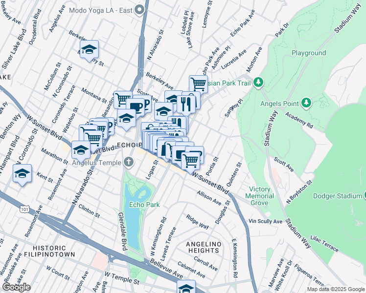 map of restaurants, bars, coffee shops, grocery stores, and more near 1615 Montana Street in Los Angeles