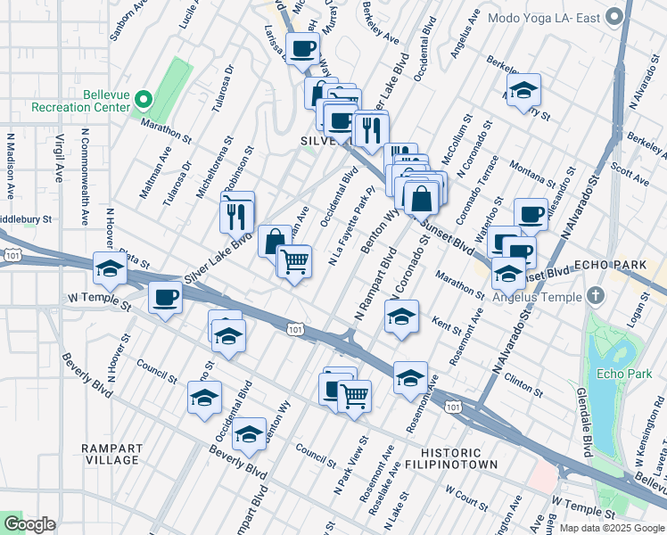 map of restaurants, bars, coffee shops, grocery stores, and more near 718 North La Fayette Park Place in Los Angeles