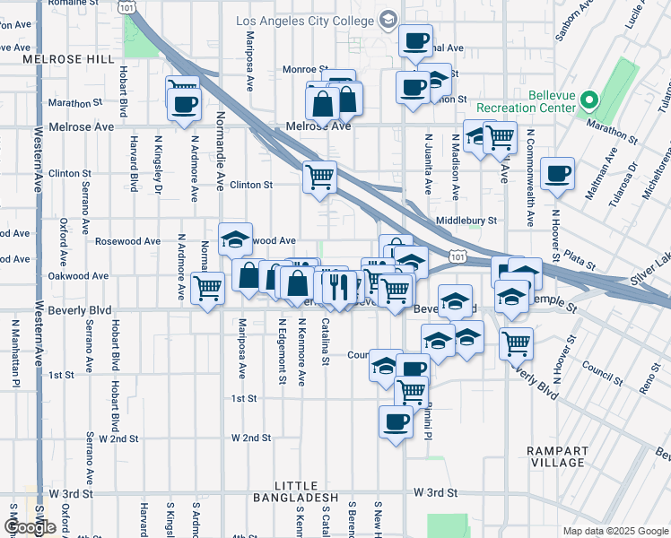 map of restaurants, bars, coffee shops, grocery stores, and more near 4126 Rosewood Avenue in Los Angeles