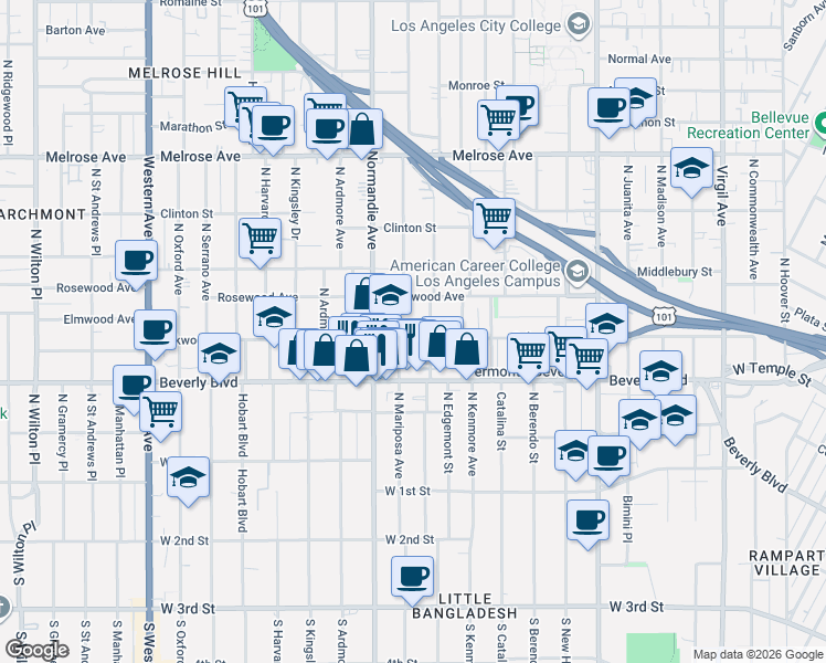 map of restaurants, bars, coffee shops, grocery stores, and more near 4304 Rosewood Avenue in Los Angeles