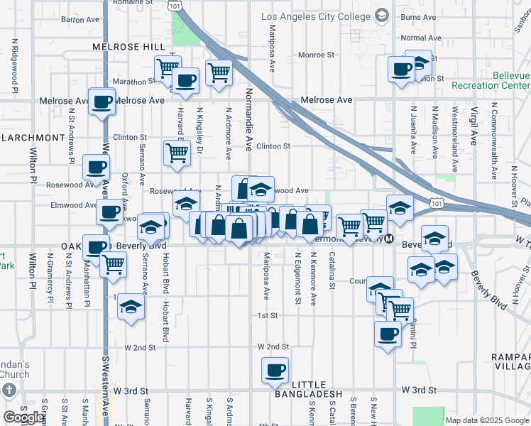 map of restaurants, bars, coffee shops, grocery stores, and more near 4304 Rosewood Avenue in Los Angeles