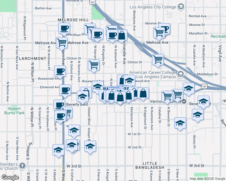 map of restaurants, bars, coffee shops, grocery stores, and more near 426 North Ardmore Avenue in Los Angeles