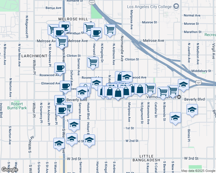map of restaurants, bars, coffee shops, grocery stores, and more near 426 North Ardmore Avenue in Los Angeles