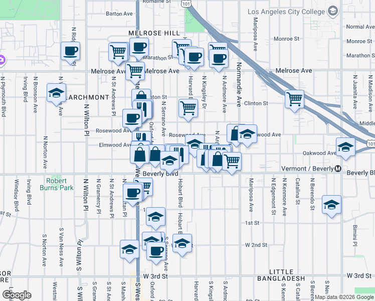 map of restaurants, bars, coffee shops, grocery stores, and more near 433 North Harvard Boulevard in Los Angeles