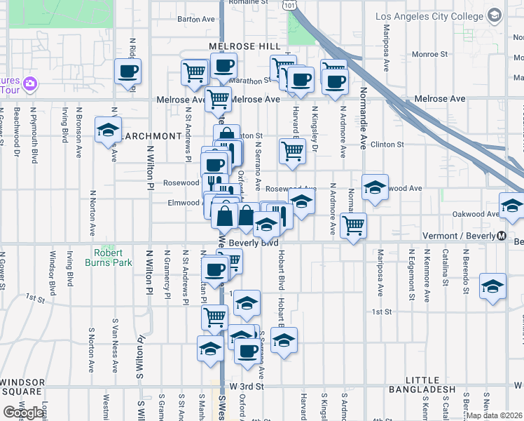map of restaurants, bars, coffee shops, grocery stores, and more near 428 North Serrano Avenue in Los Angeles