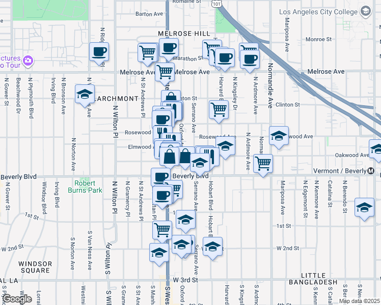 map of restaurants, bars, coffee shops, grocery stores, and more near 428 North Serrano Avenue in Los Angeles