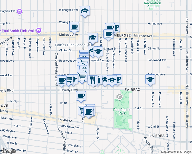 map of restaurants, bars, coffee shops, grocery stores, and more near 408 North Ogden Drive in Los Angeles
