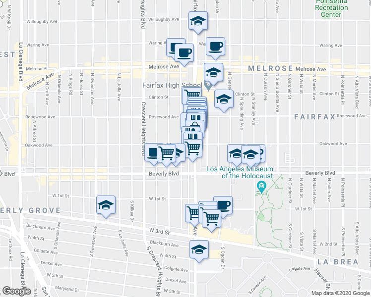 map of restaurants, bars, coffee shops, grocery stores, and more near 410 North Hayworth Avenue in Los Angeles