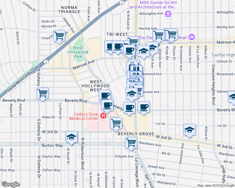 map of restaurants, bars, coffee shops, grocery stores, and more near 362 Huntley Drive in West Hollywood