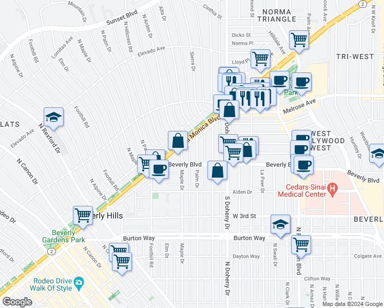 map of restaurants, bars, coffee shops, grocery stores, and more near 450 North Palm Drive in Beverly Hills