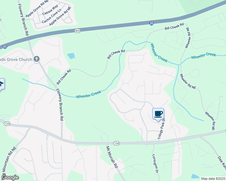 map of restaurants, bars, coffee shops, grocery stores, and more near 4715 Trilogy Park Trail Northeast in Hoschton