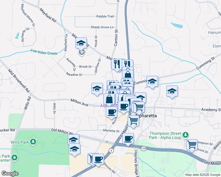 map of restaurants, bars, coffee shops, grocery stores, and more near 35 Canton Street in Alpharetta