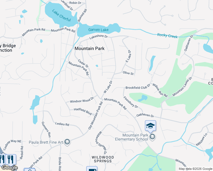 map of restaurants, bars, coffee shops, grocery stores, and more near 175 West Lake Drive in Roswell