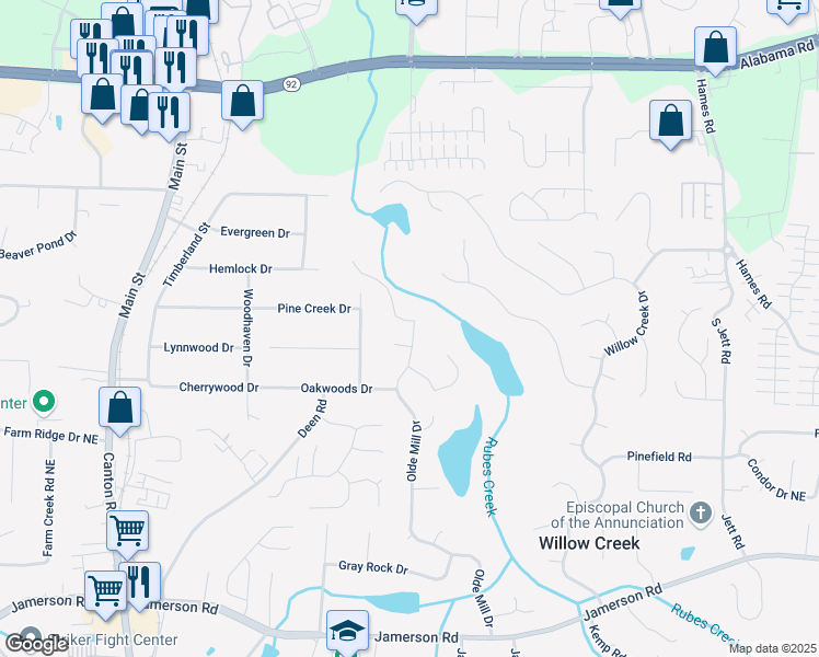 map of restaurants, bars, coffee shops, grocery stores, and more near 5245 Olde Mill Drive Northeast in Woodstock