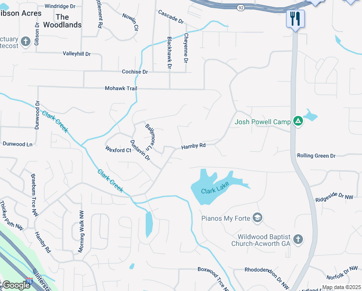 map of restaurants, bars, coffee shops, grocery stores, and more near 151 Tipton Lane in Acworth